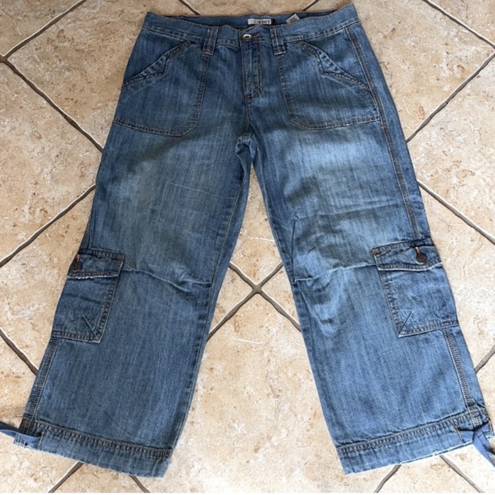 TINT Jeans Cargo Capri Cropped Blue Lightweight Boho Size 10